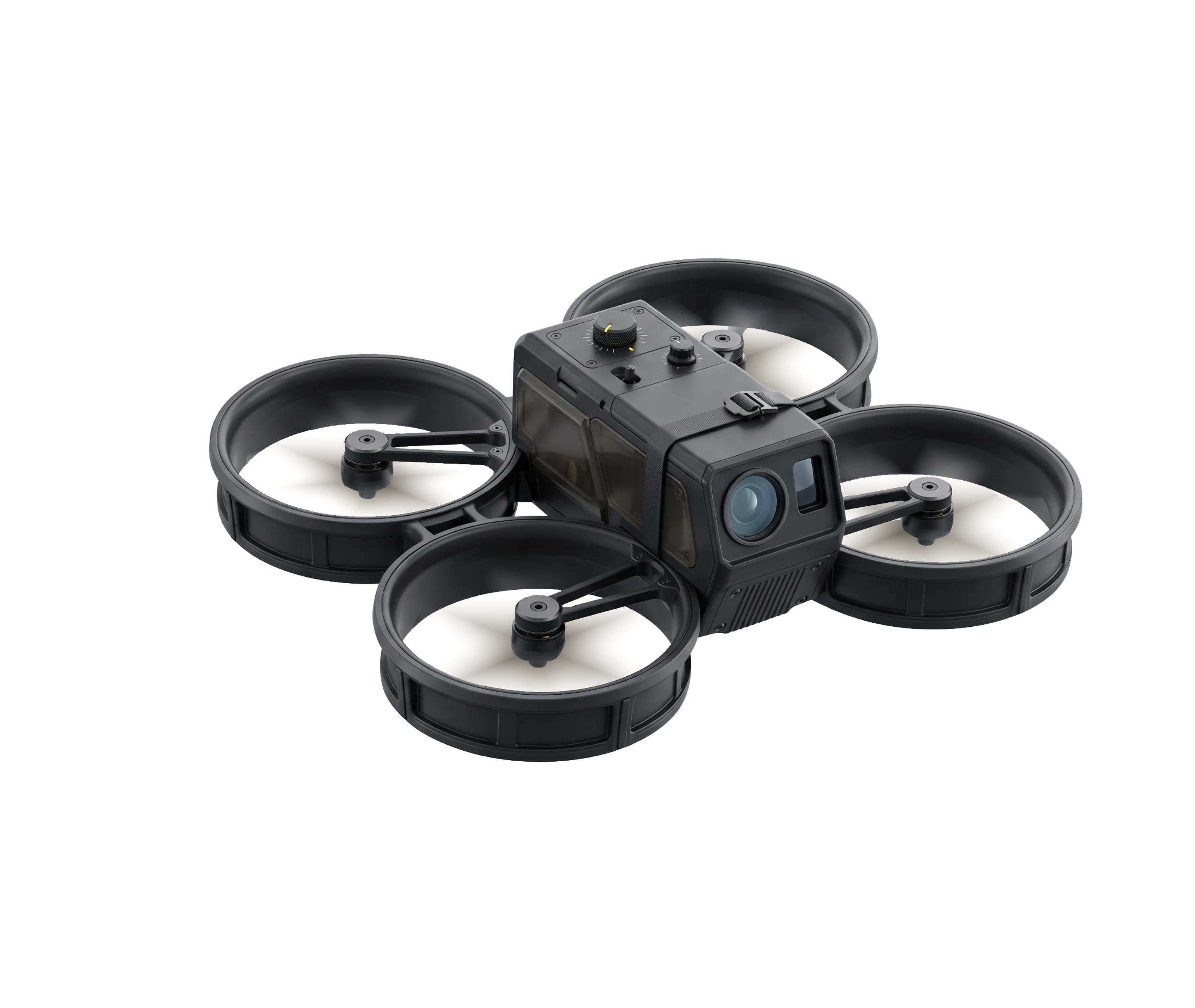 Ducted quadcopter drone with the 3D-printed acoustic metamaterial duct liner highlighted
